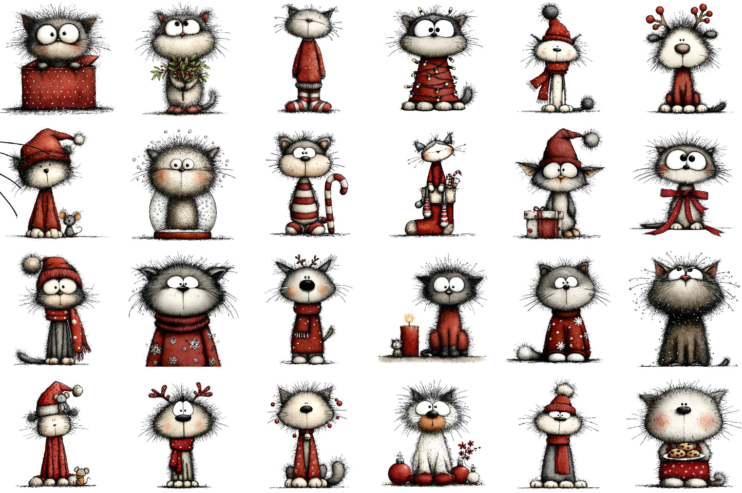 Whimsical Christmas Cats Clipart Bundle Cute Winter Cat PNG