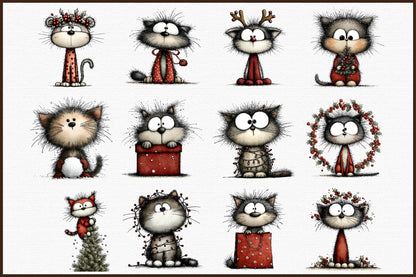 Whimsical Christmas Cats Clipart Bundle Cute Winter Cat PNG
