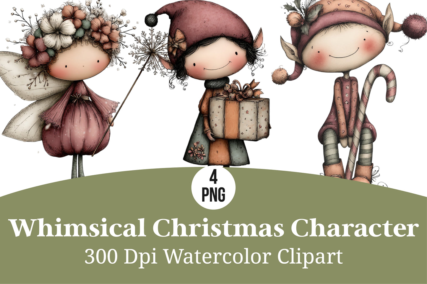 Whimsical Christmas Character Watercolor Clipart PNG Bundle