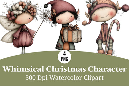 Whimsical Christmas Character Watercolor Clipart PNG Bundle