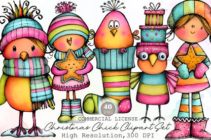 Whimsical Christmas Chick Clipart Bundle Colorful Holiday PNG
