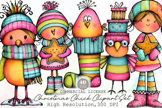Whimsical Christmas Chick Clipart Bundle Colorful Holiday PNG