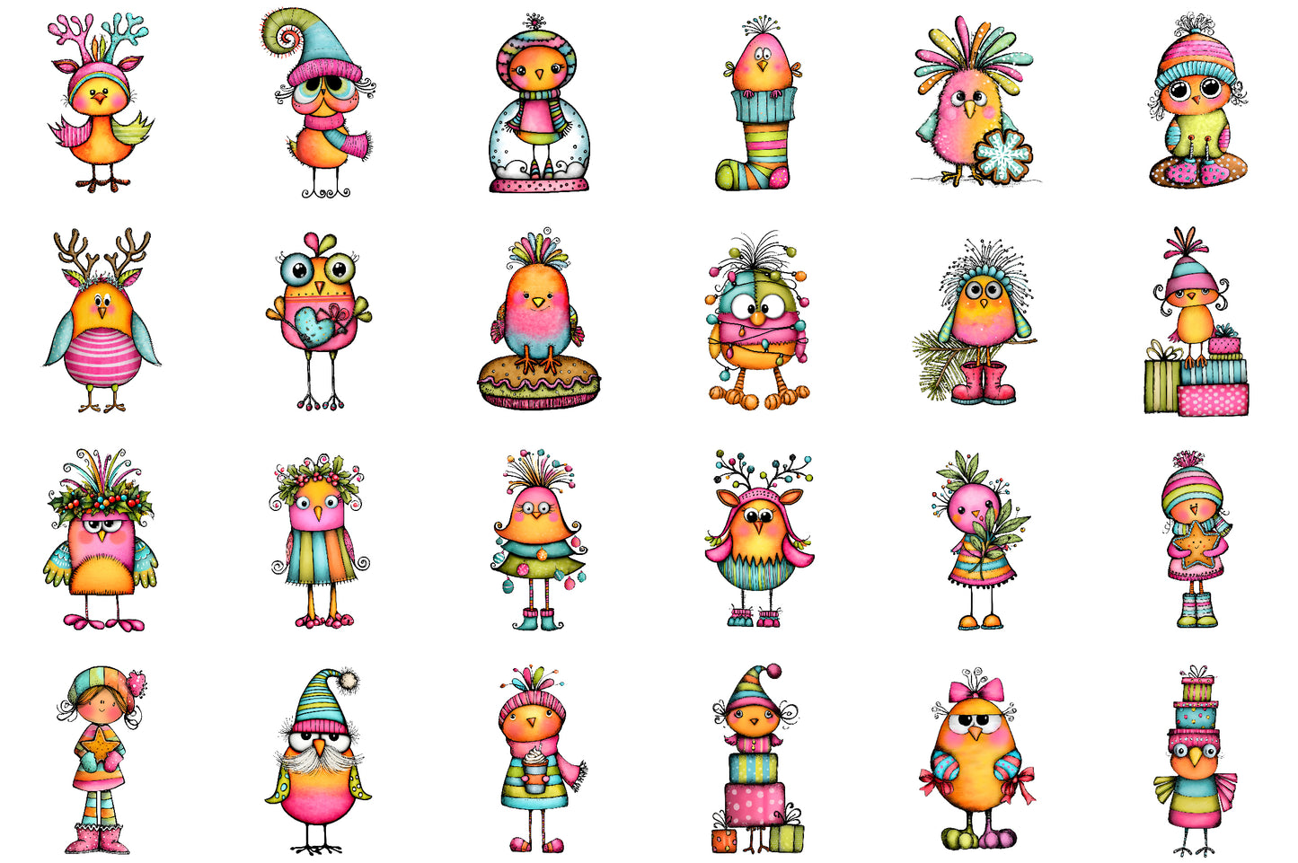 Whimsical Christmas Chick Clipart Bundle Colorful Holiday PNG