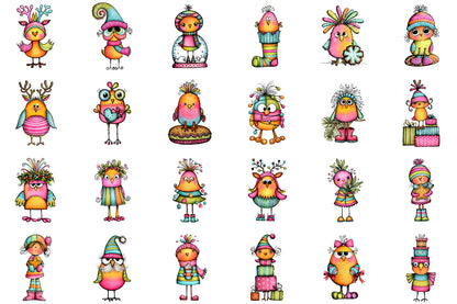 Whimsical Christmas Chick Clipart Bundle Colorful Holiday PNG