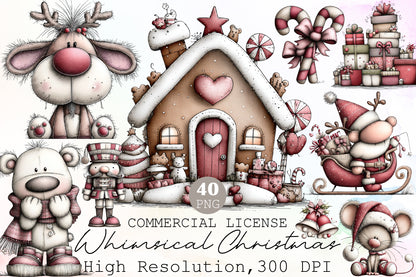 Whimsical Christmas Clipart Bundle Cute Holiday Animals PNG