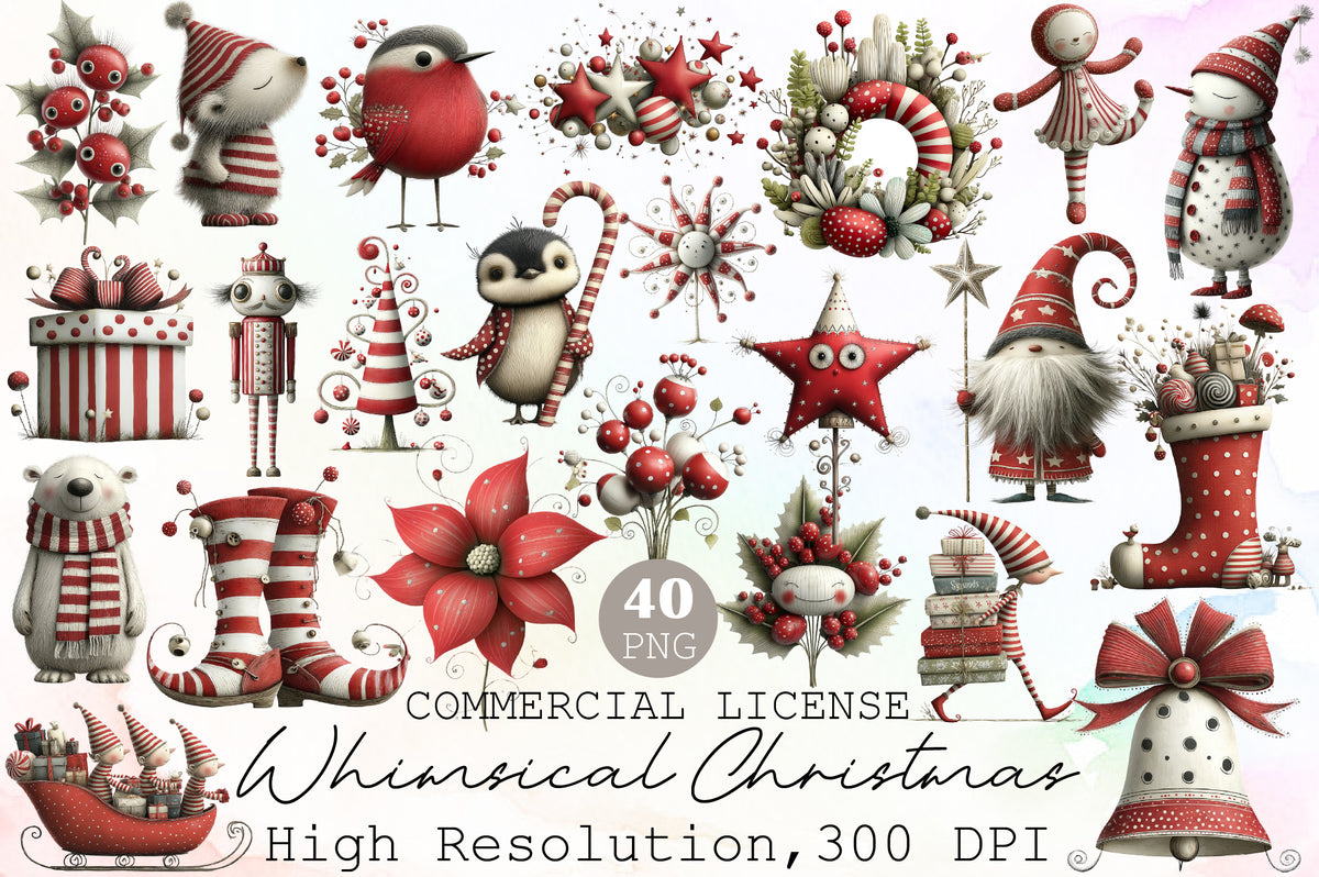 Red Whimsical Christmas Clipart Bundle Cute Holiday PNG
