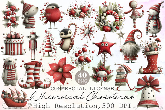 Red Whimsical Christmas Clipart Bundle Cute Holiday PNG