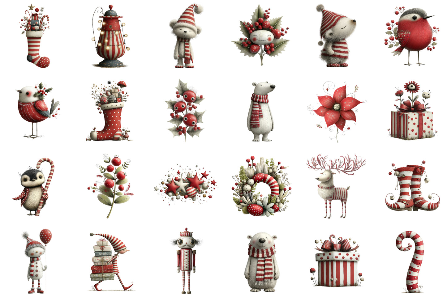 Red Whimsical Christmas Clipart Bundle Cute Holiday PNG