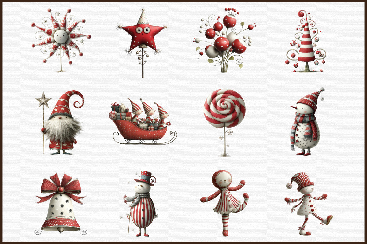 Red Whimsical Christmas Clipart Bundle Cute Holiday PNG