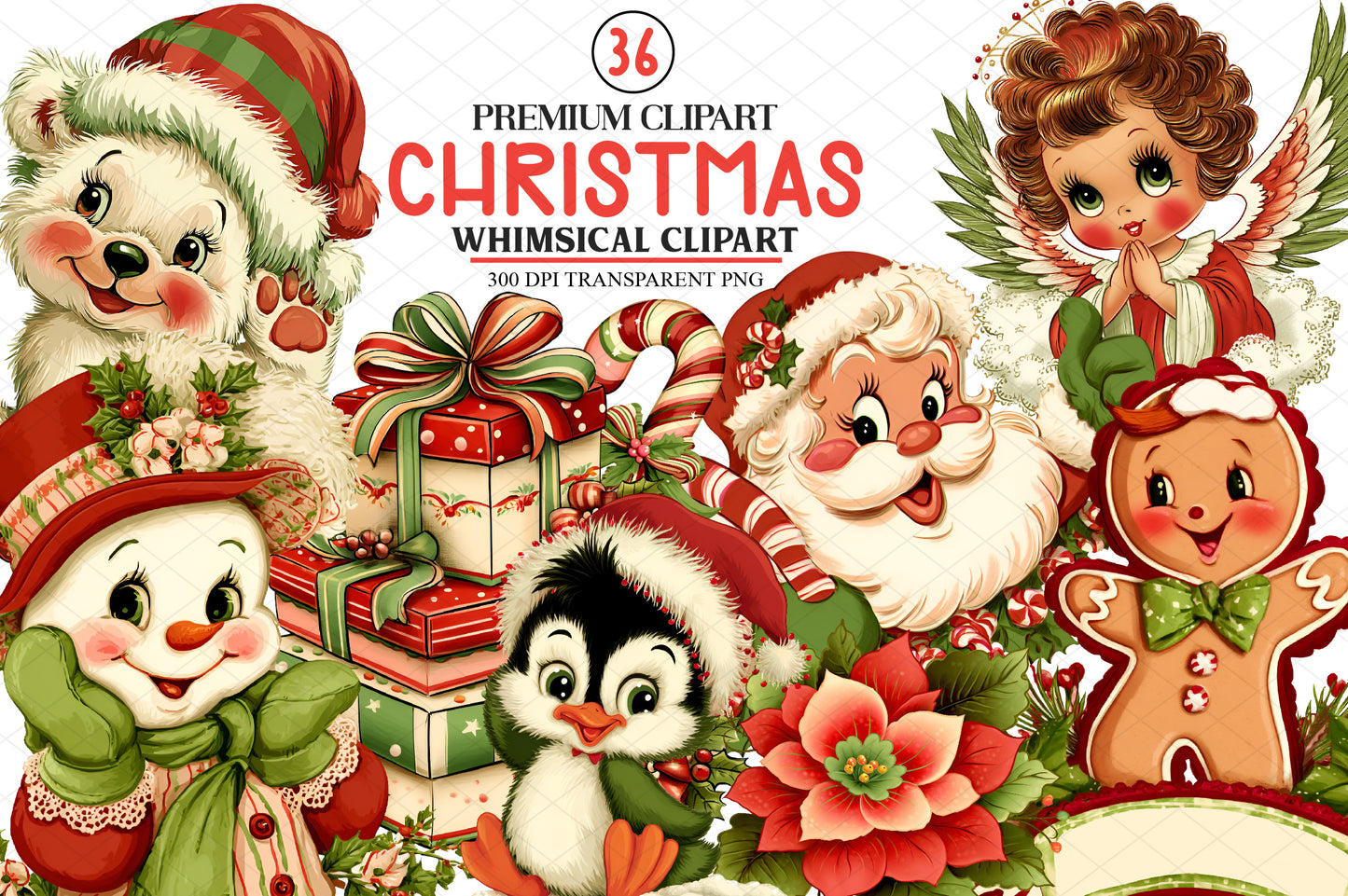 Whimsical Christmas Clipart Bundle, Cute Holiday Watercolor PNG