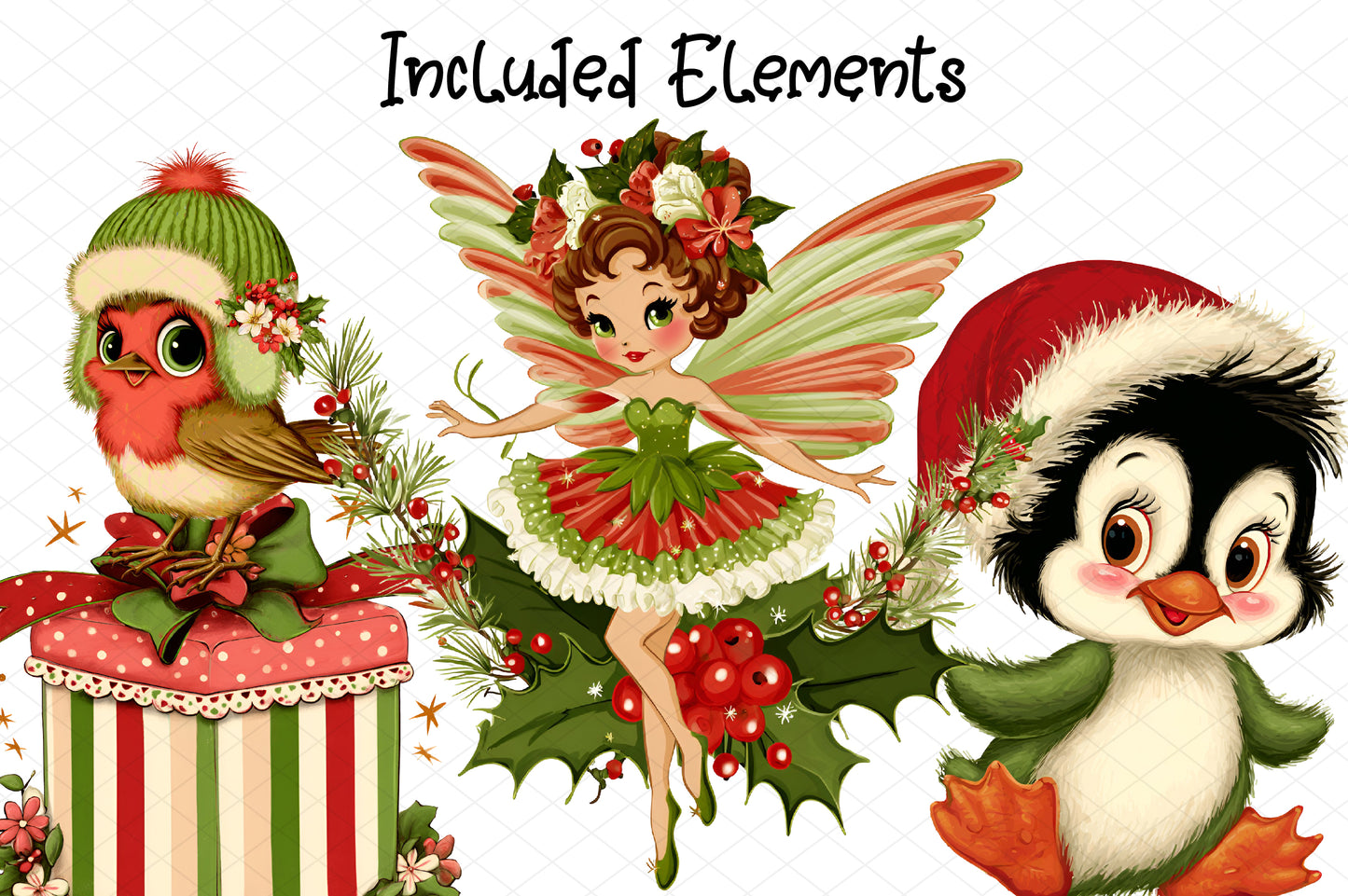 Whimsical Christmas Clipart Bundle, Cute Holiday Watercolor PNG