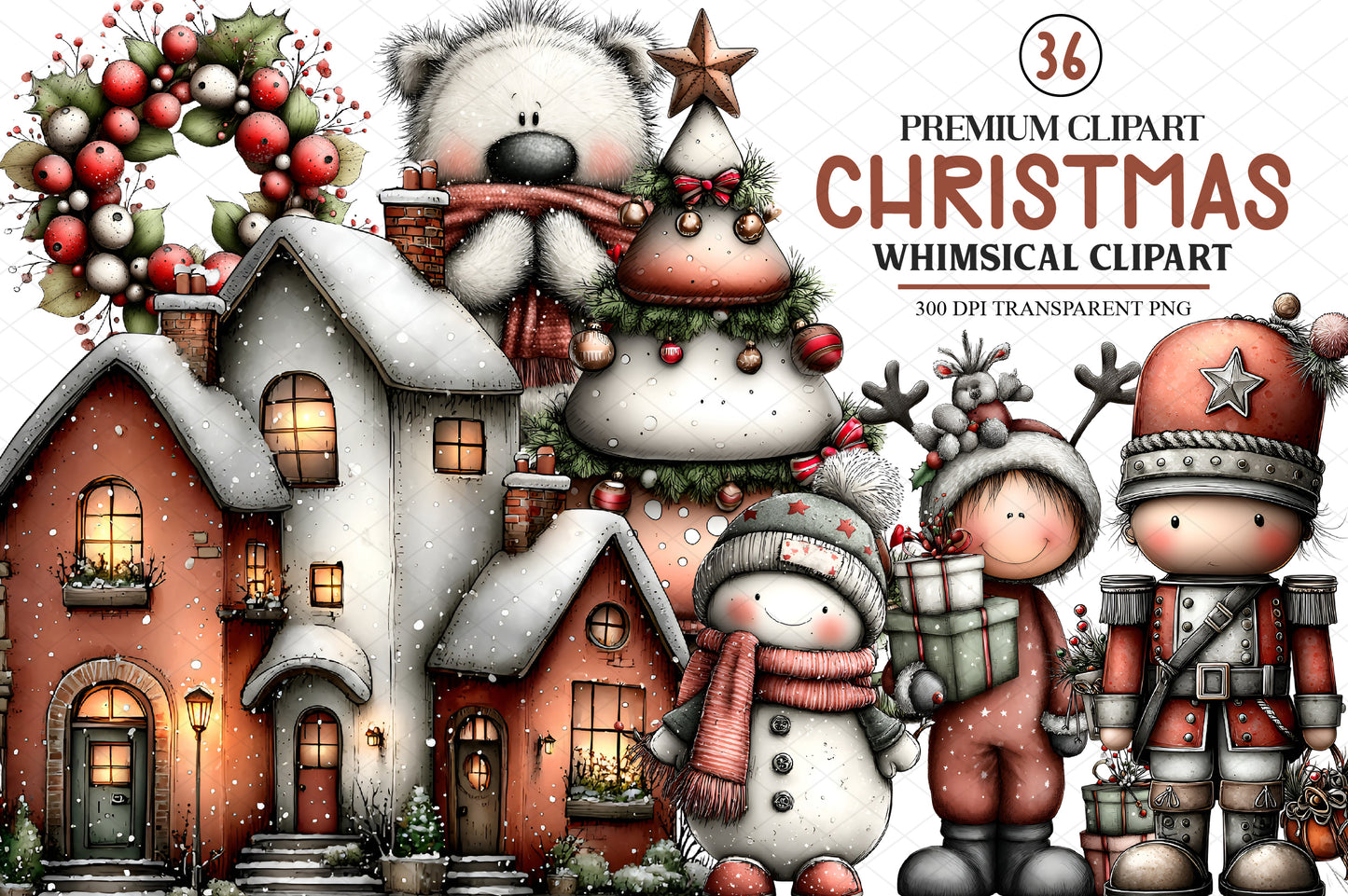 Whimsical Christmas Clipart Bundle, Cute Winter Christmas Characters