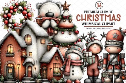 Whimsical Christmas Clipart Bundle, Cute Winter Christmas Characters