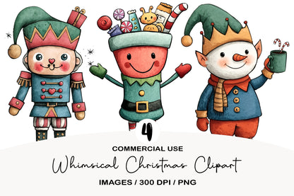 Whimsical Christmas Clipart PNG Bundle | Cute Watercolor Holiday Clipart Collection | Festive Winter PNG