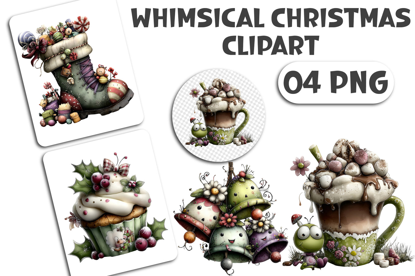 Whimsical Christmas Clipart PNG Bundle 4 Cute Designs