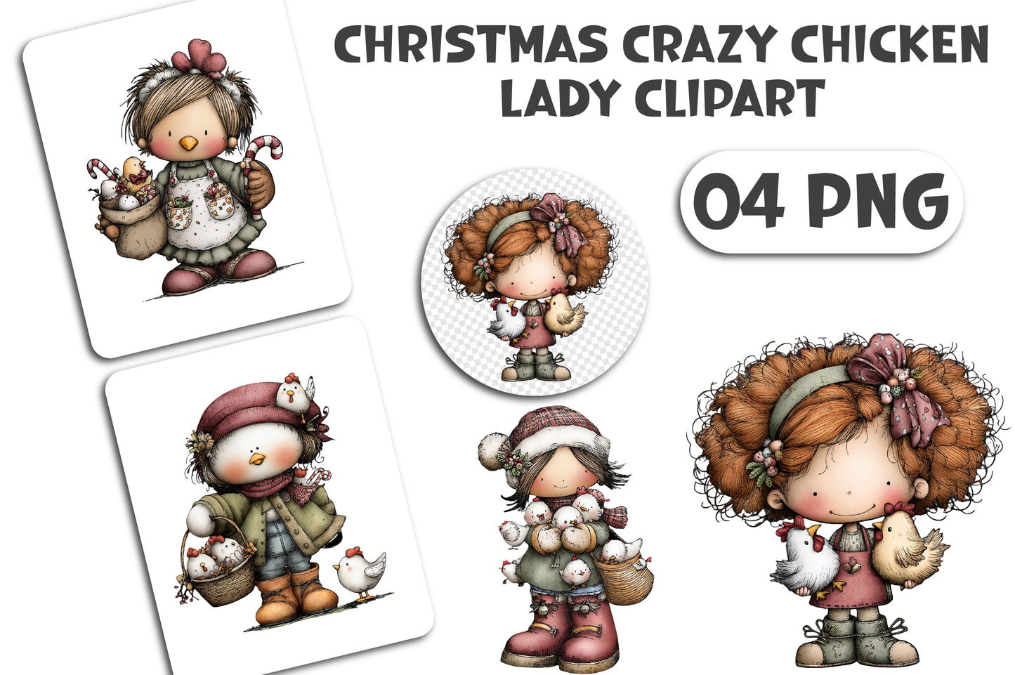 Christmas Crazy Chicken Lady Clipart PNG Bundle