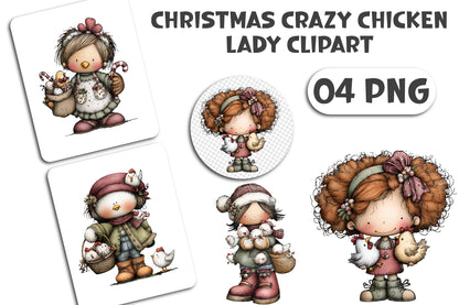 Christmas Crazy Chicken Lady Clipart PNG Bundle