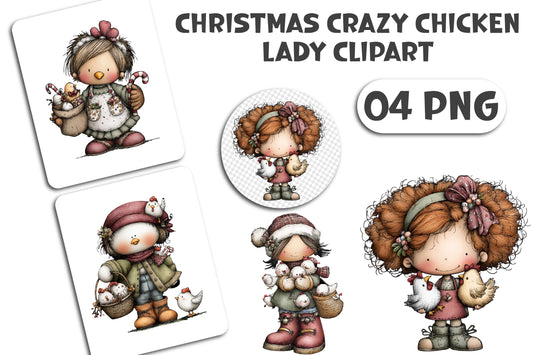 Christmas Crazy Chicken Lady Clipart PNG Bundle