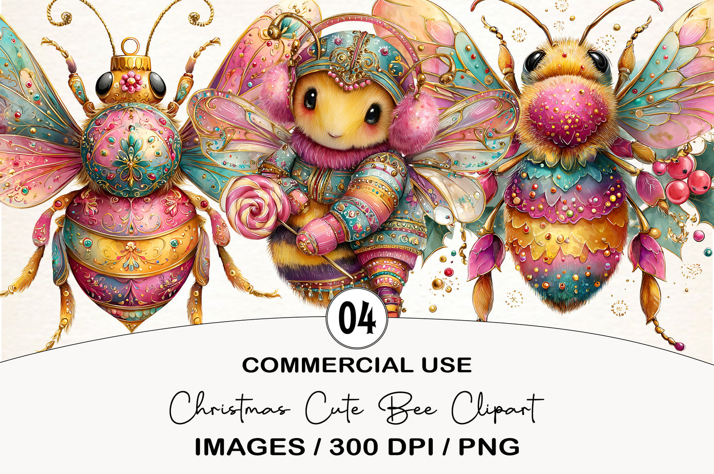 Christmas Cute Bee Clipart Bundle PNG