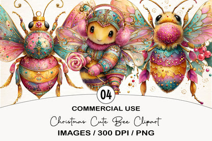 Christmas Cute Bee Clipart Bundle PNG