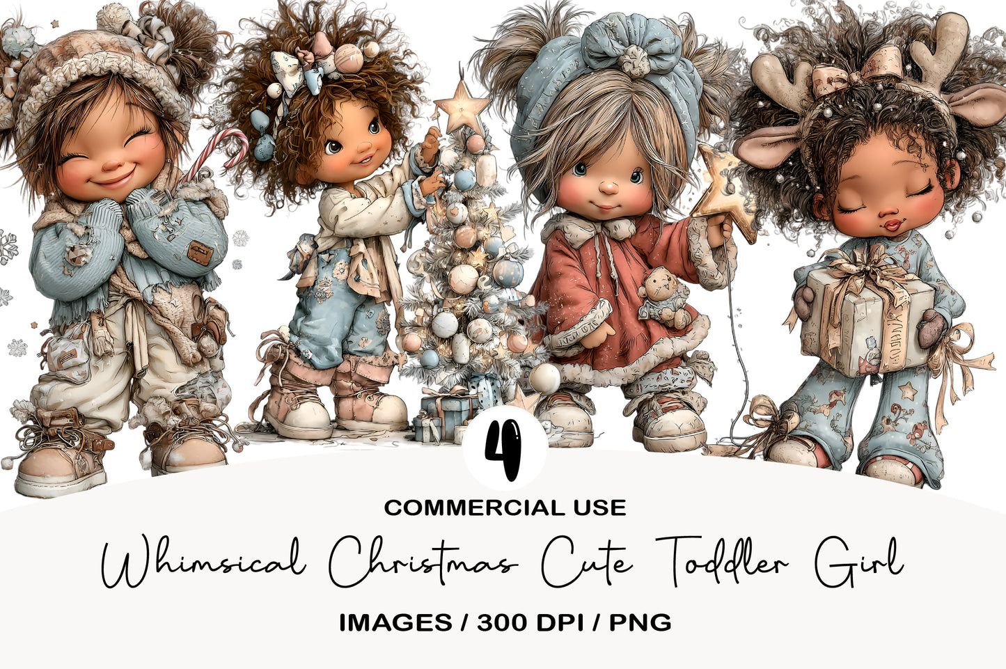 Whimsical Christmas Cute Toddler Girl Clipart PNG Bundle | Adorable Watercolor Holiday Little Girl | Festive Winter Girl PNG