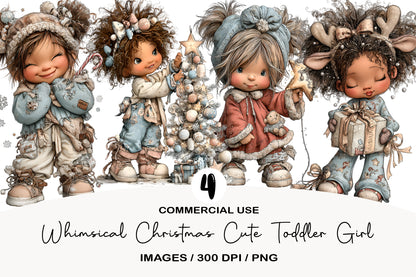 Whimsical Christmas Cute Toddler Girl Clipart PNG Bundle | Adorable Watercolor Holiday Little Girl | Festive Winter Girl PNG