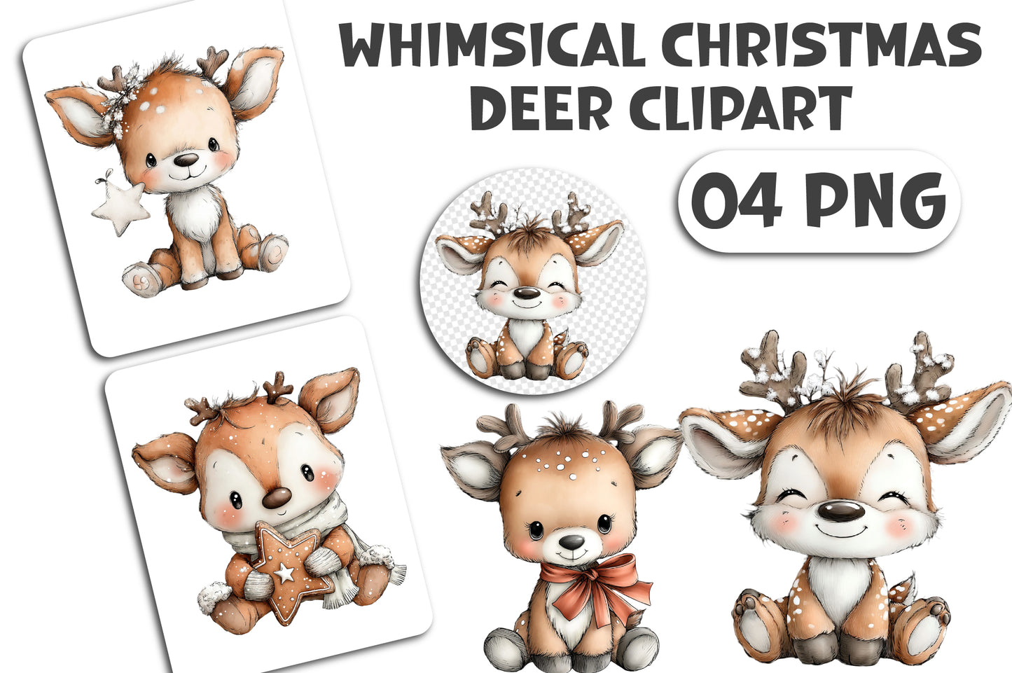 Whimsical Christmas Deer Clipart PNG Bundle