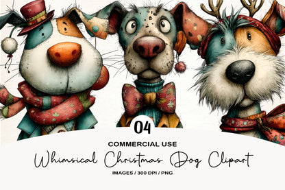 Whimsical Christmas Dog Clipart PNG Bundle | Cute Watercolor Holiday Dog Clipart | Festive Christmas Puppy PNG