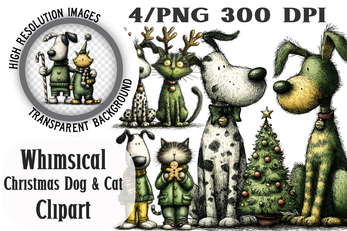Whimsical Christmas Dog & Cat Friendship Clipart