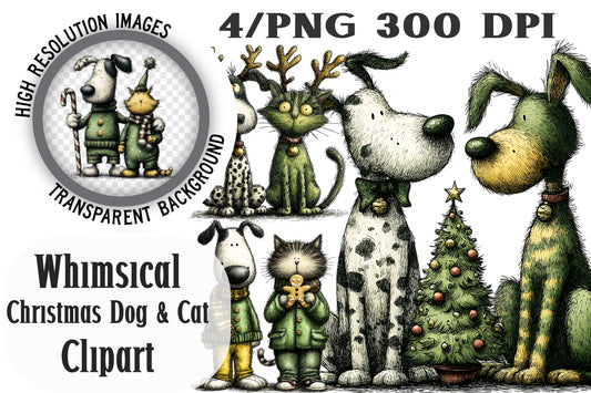 Whimsical Christmas Dog & Cat Friendship Clipart