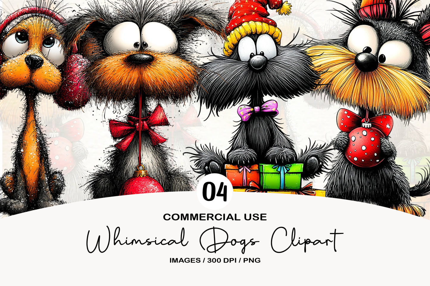 Whimsical Christmas Dogs Clipart PNG Bundle | Cute Watercolor Holiday Dogs Clipart