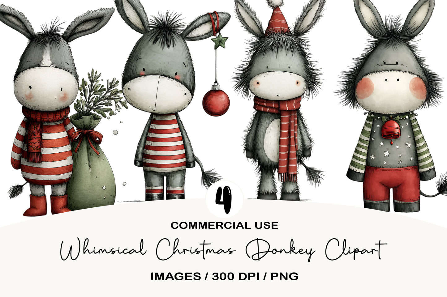 Whimsical Christmas Donkey Clipart PNG Sublimation