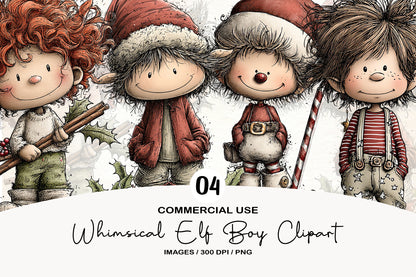 Whimsical Christmas Elf Boy Clipart PNG Bundle | Cute Watercolor Holiday Elf Boy Clipart