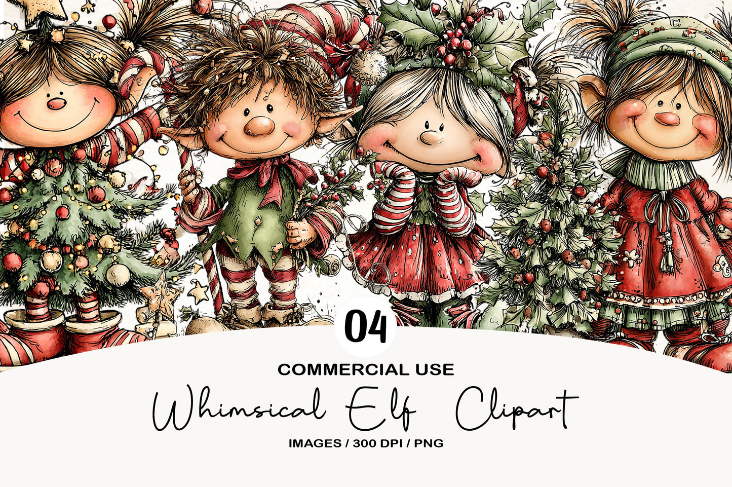 Whimsical Christmas Elf Clipart PNG Bundle | Cute Watercolor Holiday Elf Clipart