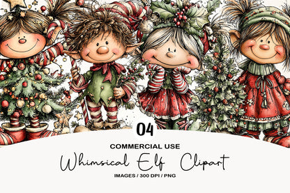 Whimsical Christmas Elf Clipart PNG Bundle | Cute Watercolor Holiday Elf Clipart