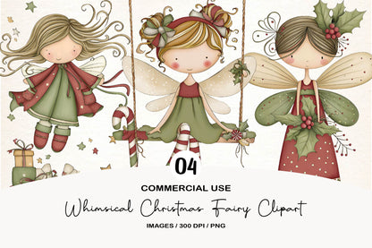 Whimsical Christmas Fairy Clipart PNG Bundle | Magical Watercolor Holiday Fairy Clipart