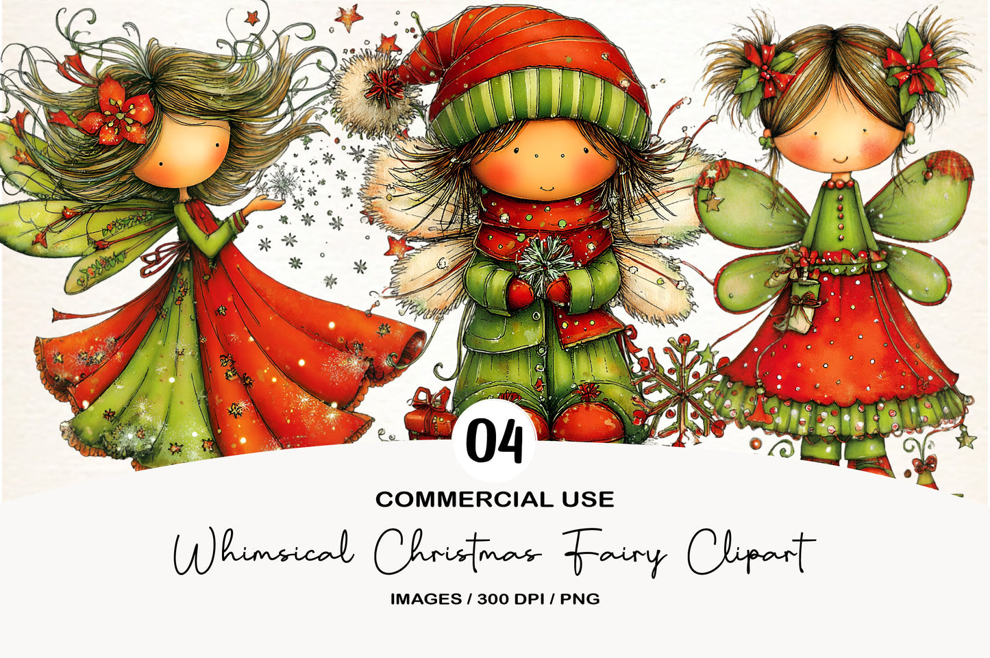 Whimsical Christmas Fairy Clipart PNG Bundle | Cute Watercolor Holiday Fairy Clipart | Magical Winter Fairy PNG