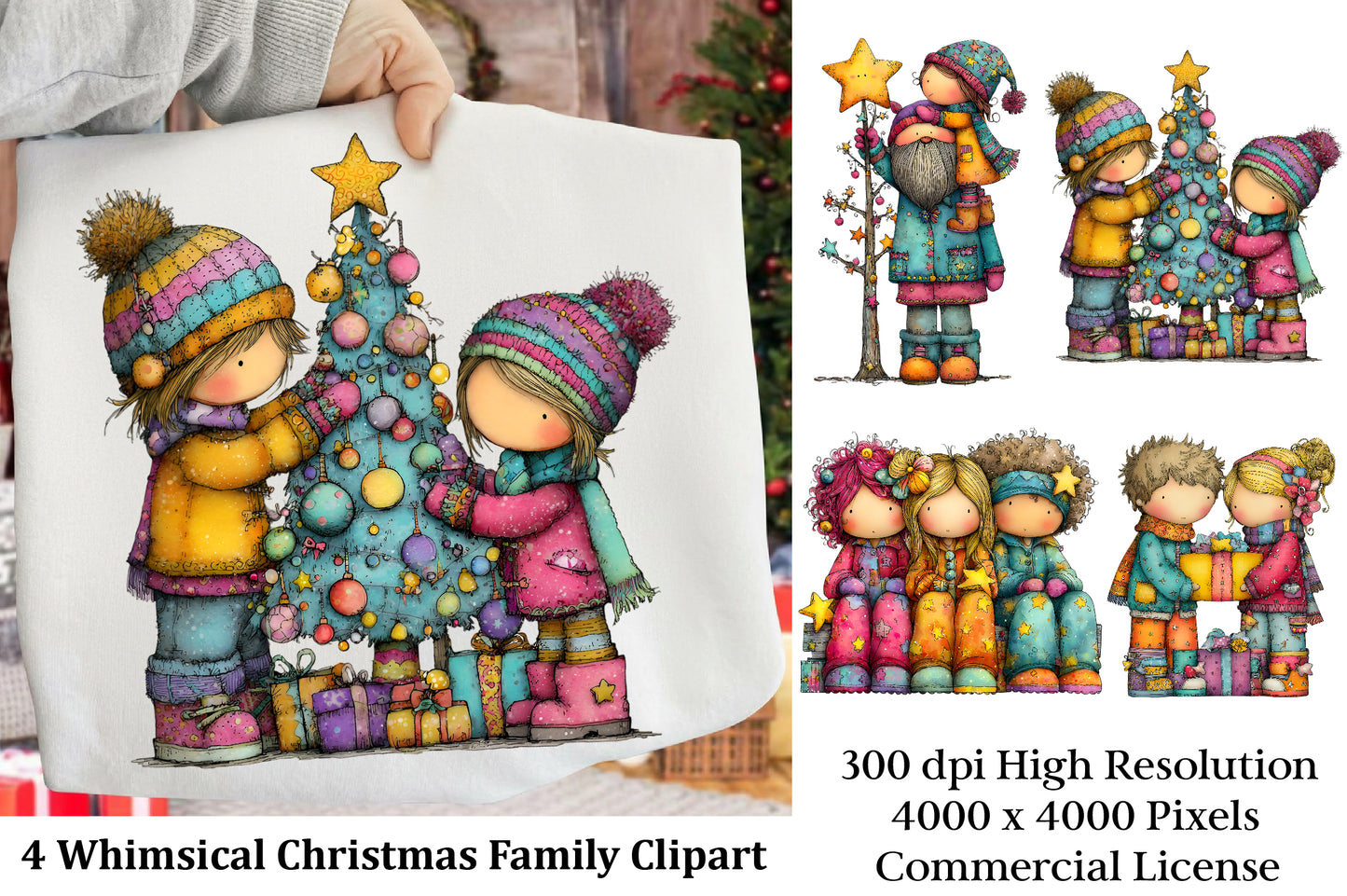 Whimsical Christmas Family Clipart PNG – 4 Designs