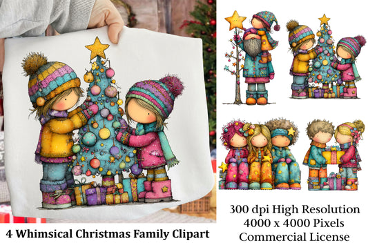 Whimsical Christmas Family Clipart PNG – 4 Designs