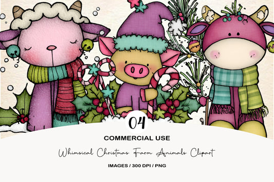 Whimsical Christmas Farm Animals Clipart PNG
