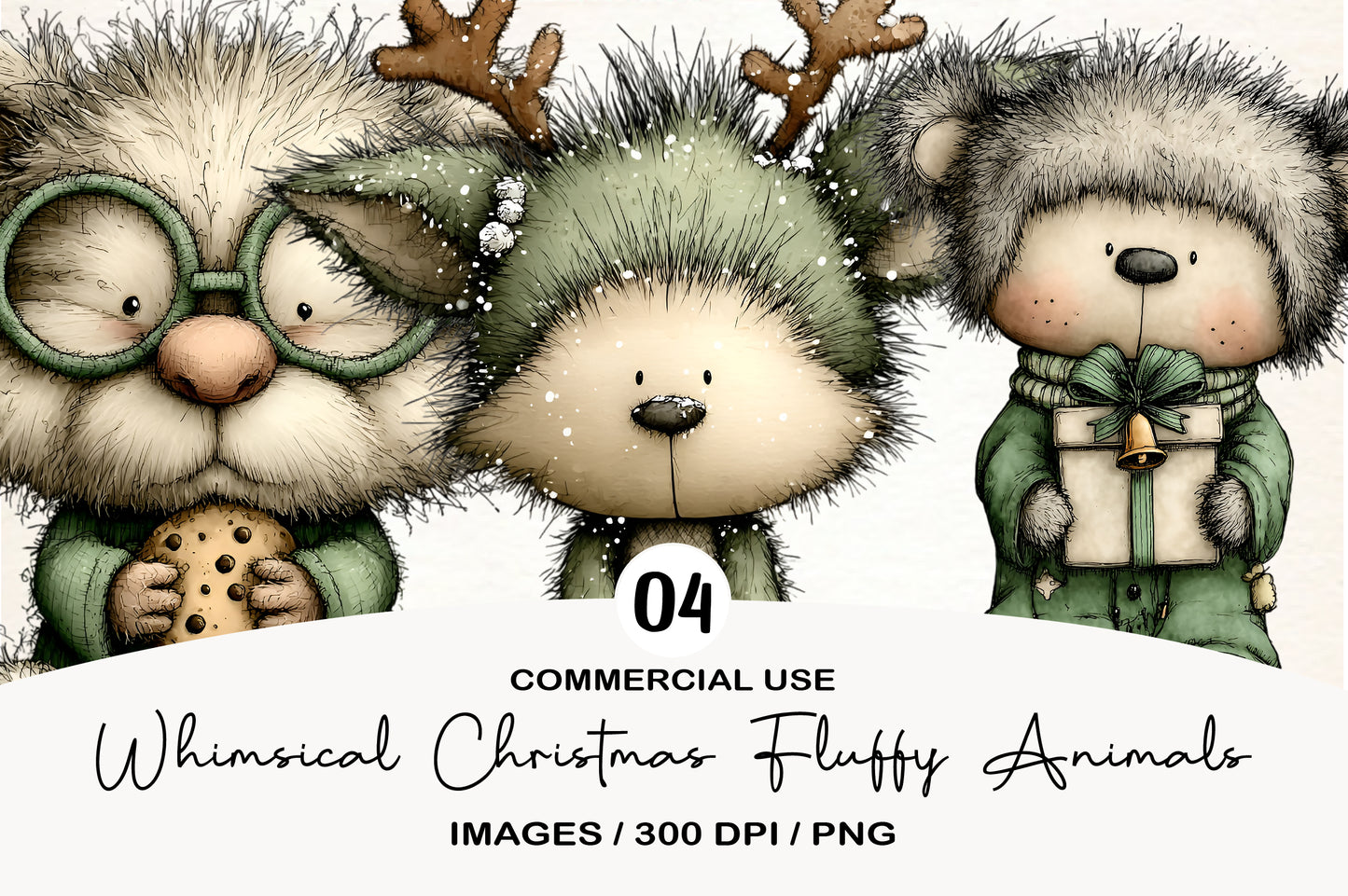 Whimsical Christmas Fluffy Animals Clipart PNG