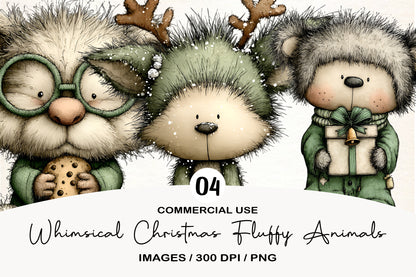 Whimsical Christmas Fluffy Animals Clipart PNG