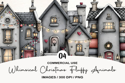 Whimsical Christmas Village Houses Clipart PNG