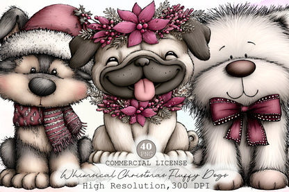 Whimsical Christmas Fluffy Dogs Clipart Cute Puppy PNG