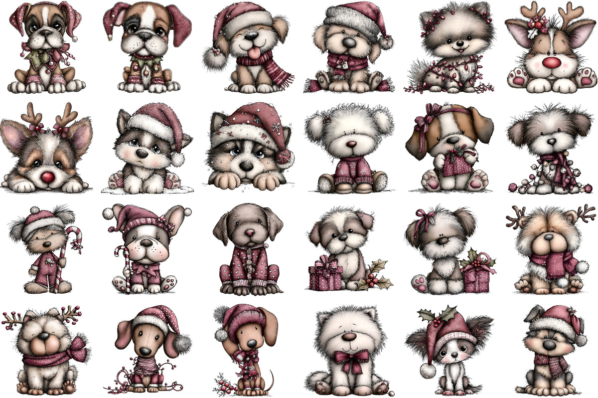 Whimsical Christmas Fluffy Dogs Clipart Cute Puppy PNG