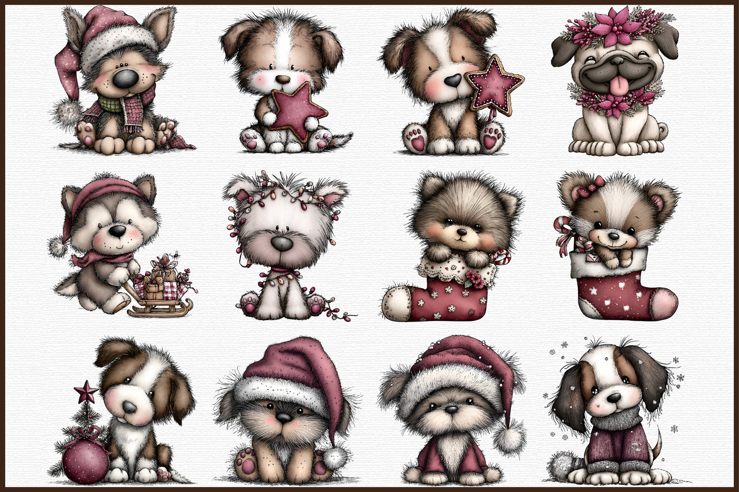 Whimsical Christmas Fluffy Dogs Clipart Cute Puppy PNG