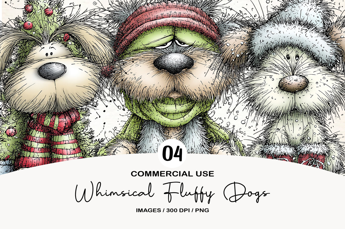 Whimsical Christmas Fluffy Dogs Clipart PNG Bundle | Cute Watercolor Holiday Puppy Clipart