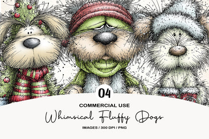 Whimsical Christmas Fluffy Dogs Clipart PNG Bundle | Cute Watercolor Holiday Puppy Clipart