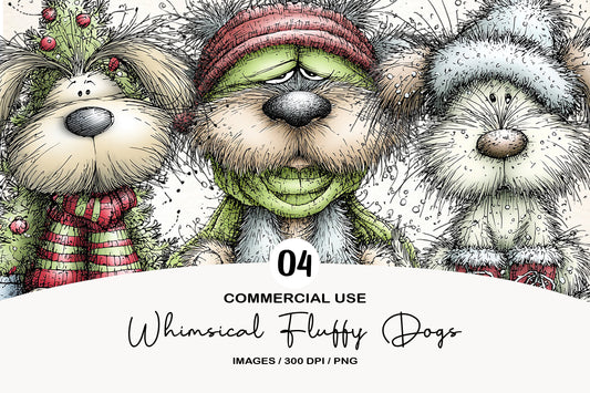 Whimsical Christmas Fluffy Dogs Clipart PNG Bundle | Cute Watercolor Holiday Puppy Clipart
