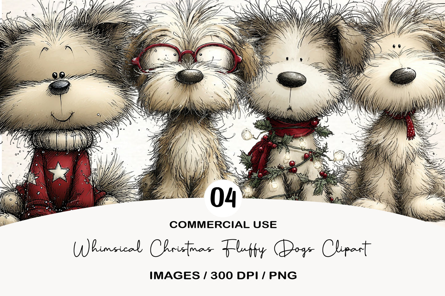 Whimsical Christmas Fluffy Dogs Clipart PNG Bundle | Cute Watercolor Holiday Fluffy Puppies Clipart | Festive Winter Dogs PNG